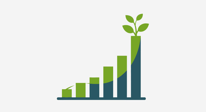 Green bar chart with growing leaves symbolizing sustainable business growth and environmental progress on light gray background