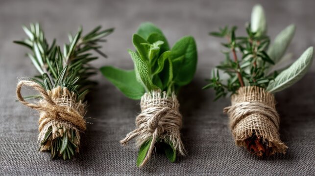 Three sprigs of fresh herbs, including rosemary, thyme, and sage, tied with twine and placed on a gray cloth with a subtle pattern.