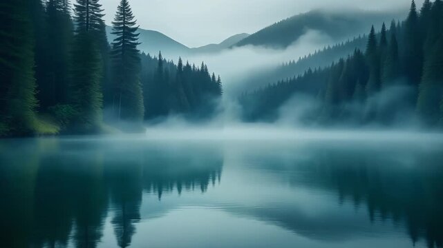 Misty morning reflected in a serene alpine lake surrounded by dark pine trees and rolling hills