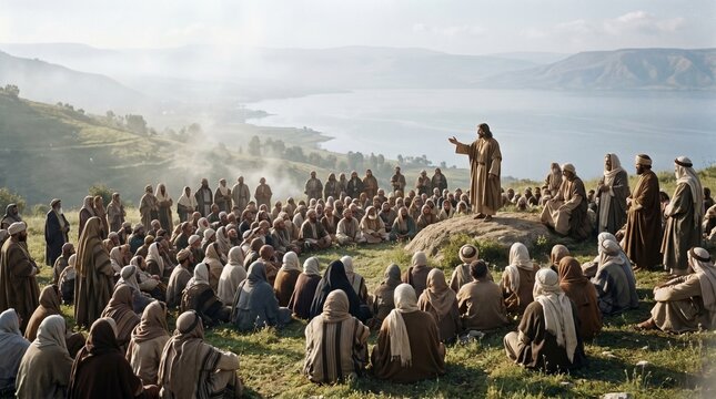 Jesus Christ preaching the Sermon on the Mount to a large crowd on a hill overlooking the Sea of Galilee.