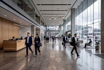 Fototapeta premium Modern Corporate Office Lobby with Motion Blur Professionals