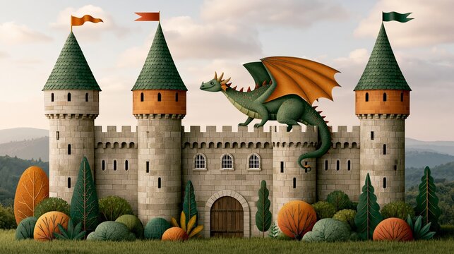 Colorful illustration of a medieval castle with green dragon perched on a turret, surrounded by lush trees and hills under a clear blue sky