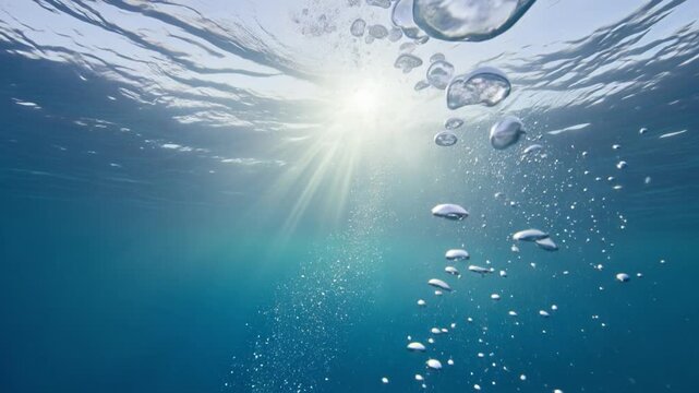 Sunlight filtering through blue water with rising air bubbles