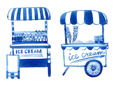 Hand drawn ice cream cart. Linear art ice cream cart ink  drawing, sketch. Use as print, poster, element design, package design, invitation, greeting card, postcard, Ice cream menu design, label.