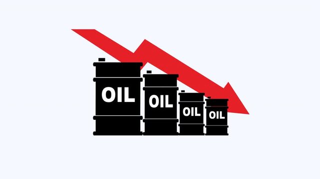 Oil barrels with a red arrow depicting decreasing prices. Suitable for financial news articles, infographics, or energy industry reports.