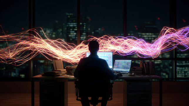 Businessman silhouette working at night with glowing data stream, futuristic tech theme
