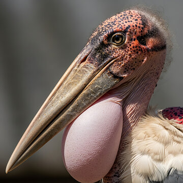 Striking close-up of a Marabou Stork with its distinctive bare head and prominent pink gular sac