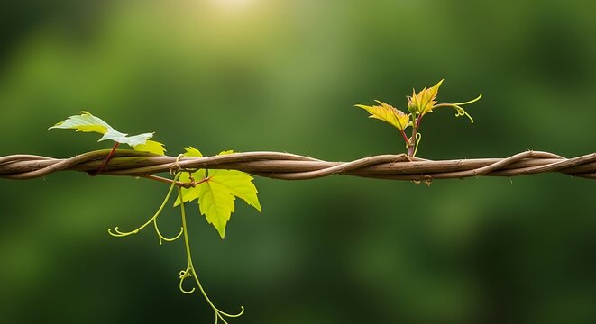 Green Vine Leaves Growing on Twisted Barbed Wire Fence