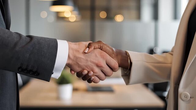 Close-up of diverse business professionals shaking hands, symbolizing successful partnership, agreement, and mutual respect in a modern office setting