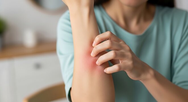 Woman Scratching Red Rash on Arm in Kitchen