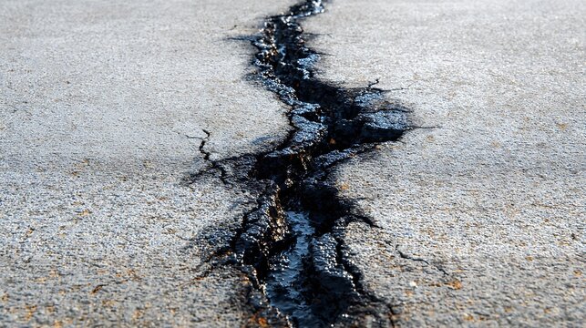 Deep dark asphalt crack on gray road surface.