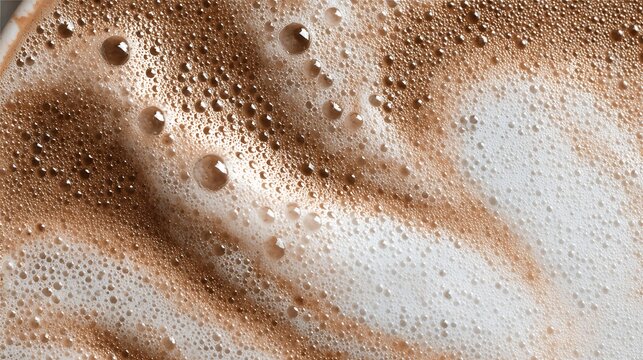 Macro view of creamy coffee foam with bubbles.