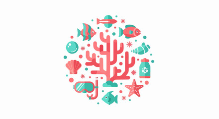 Fototapeta premium Marine Life and Underwater Adventure Flat Vector Icon Circle with Coral, Tropical Fish, and Snorkeling Gear