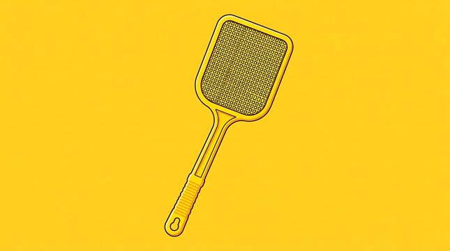 Illustrated insect fly swatter with mesh net design on bright yellow background