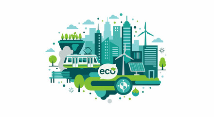 Obraz premium Sustainable Green Smart City Vector Concept with Renewable Energy, Wind Turbines, Solar Panels, and Eco-Friendly Public Transit on White Background