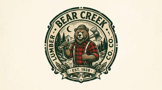 Vintage lumberjack bear illustration holding axe circle badge