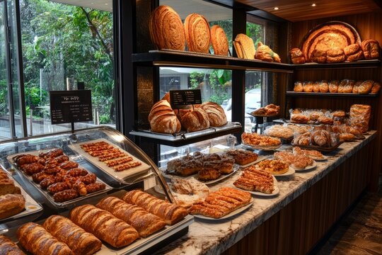 Delicious assortment of bread and pastries arranged on shelves and display cases in a contemporary bakery