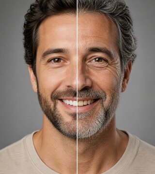 Comparison portrait of handsome man showing aging process with split face young versus old concept art.
