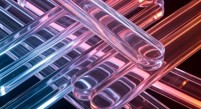 Colorful Abstract Glass Tubes with Neon Light Effects
Blue Purple Orange Red Transparent Rectangular Prisms
Modern Abstract Geometric Glass Architecture Background
