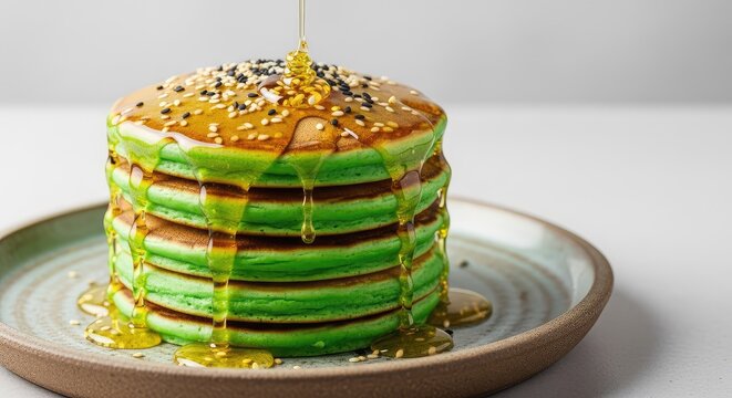 Golden honey drips down a stack of vibrant green pandan pancakes, garnished with toasted black and white sesame seeds on a rustic plate, appetite, vibrant, dessert