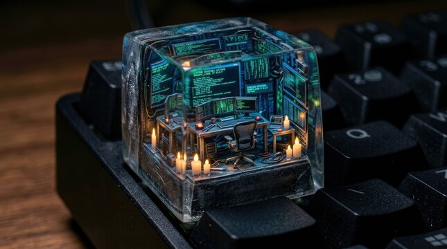 Unique keycap design: miniature office scene encased in a transparent resin keycap.