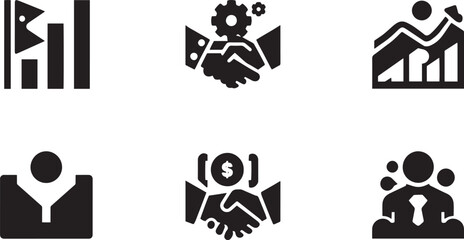 Fototapeta premium Business Partnership and Financial Growth Icon Set with Handshake Agreement Revenue Chart and Leadership Symbols