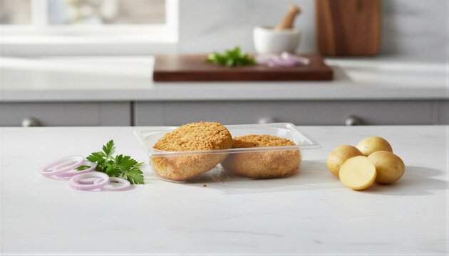 Golden fishcakes on marble with fresh culinary herbs