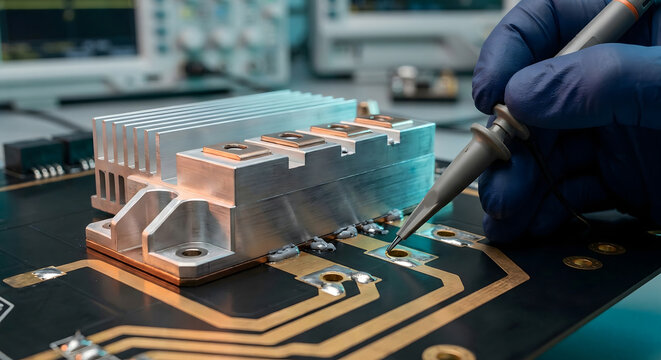 Ingeniero de electr&oacute;nica probando placa de circuito con sonda de mult&iacute;metro y disipador de calor en laboratorio