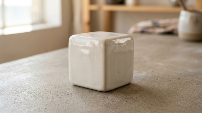 White ceramic cube on a textured surface. Minimalist indoor scene.
