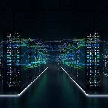 Futuristic data center with glowing servers, intricate circuits, and a stylized human figure
