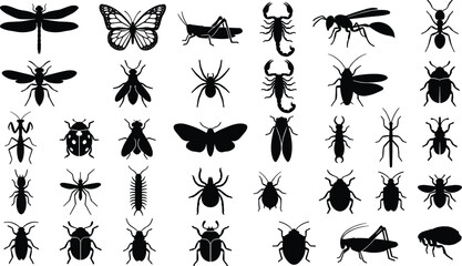 Silhouettes of Various Insects, Including Dragonflies, Butterflies, Ants, and Scorpions © Bappi