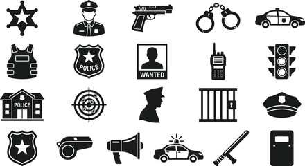 Silhouettes of Police-Related Icons, Including Badges, Weapons, and Vehicles © Bappi