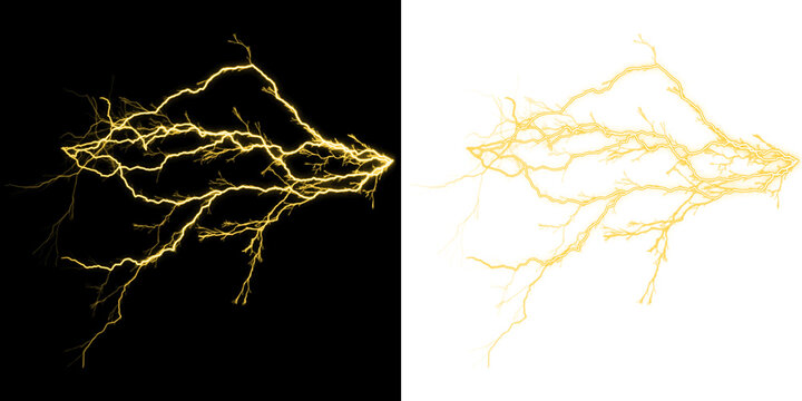 Bright yellow lightning bolt strike isolated on black and white backgrounds for visual effects isolated on a transparent background