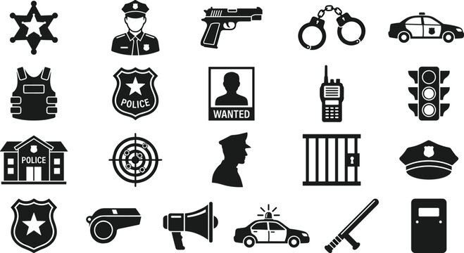 Silhouettes of Police-Related Icons, Including Badges, Weapons, and Vehicles