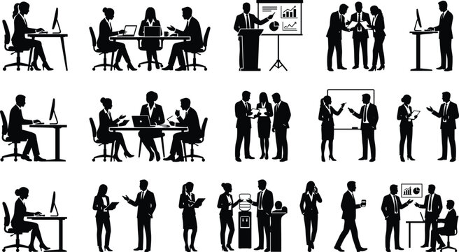 Black silhouettes of office workers engaged in meetings presentations and computer work flat vector illustration on a white background high quality professional detailed
