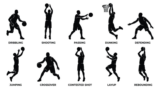 Basketball player silhouettes demonstrating various actions on a white background flat vector illustration high quality professional detailed modern elegant stylish clean crisp vibrant