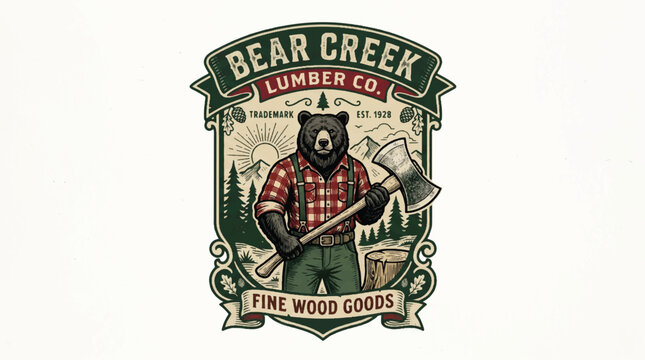 Vintage lumberjack bear logo axe forest illustration