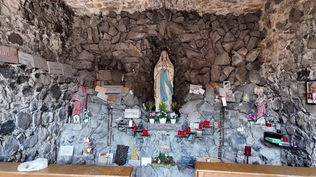 Cinematic view of Lourdes apparition grotto replica