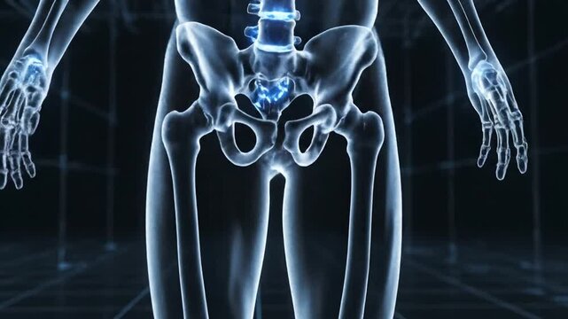 Human Skeleton Displaying Glowing Joints in Dark Background