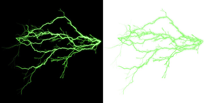 Neon green lightning bolt discharge with glowing branching electrical arcs on split black and isolated on a transparent background