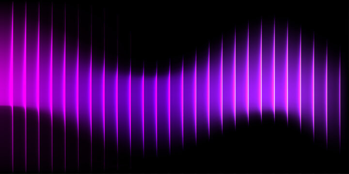 Vibrant sound wave pattern with blue, purple, hues on a black background creating a dynamic visual effect. Digital sound frequency visualization in rainbow gradient. 