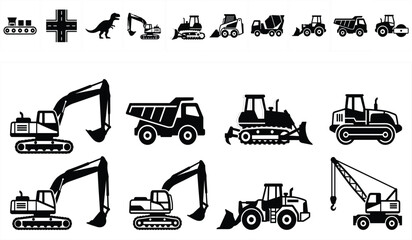 Collection of construction vehicle silhouette icons including excavators, bulldozers, dump trucks, cranes, and road rollers © MdSoriful