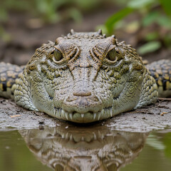 Fototapeta premium Close up face of a crocodile with reflection in the water