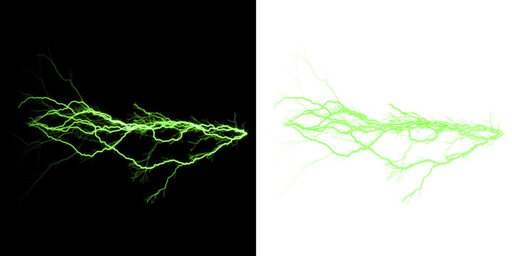 Vibrant green lightning bolt strike isolated on black and white backgrounds for visual effects isolated on a transparent background