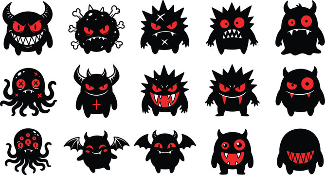 Cute Halloween Monster Silhouette Set with Spooky Cartoon Creatures and Red Eyes Character Collection