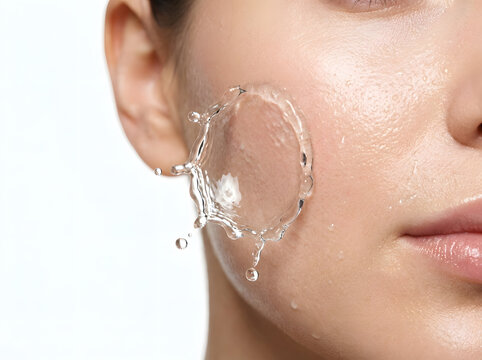 Woman with water splashing on her cheek for skincare promotion isolated on a transparent background for health and beauty advertising.