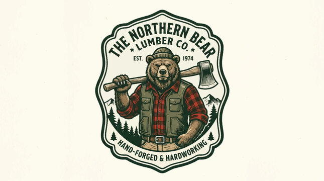 Illustrated bear lumberjack logo with axe
