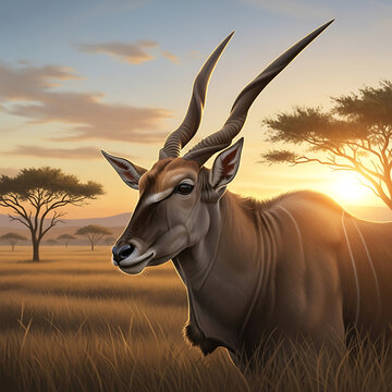 A majestic eland antelope stands in a sun-drenched savanna landscape during golden hour