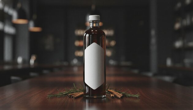 Herbal elixir with white label on dark mahogany in a moody lounge