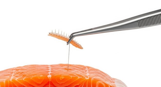 Expert hands using fine tweezers to extract pin bones from a fresh salmon fillet during meticulous preparation for cooking.